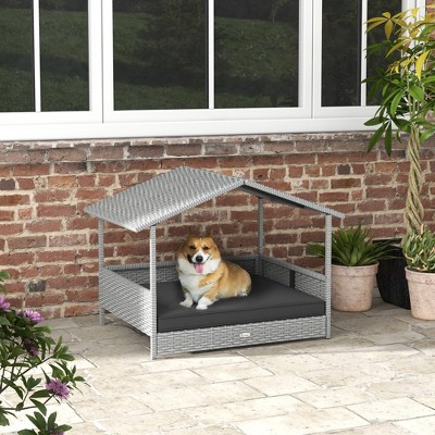 Akoasm Wicker Dog House With Canopy & Rattan Dog Bed With Waterproof Cushion For Small And Medium Dogs Outdoor-Gray