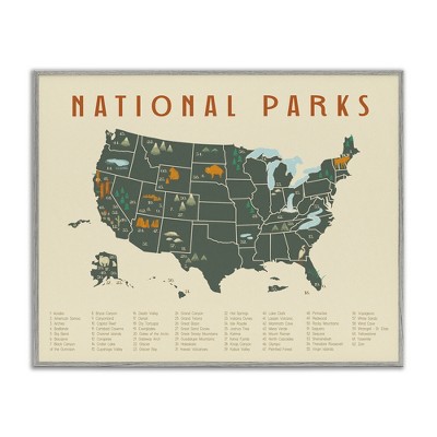 Stupell Industries United States National Parks Adventure Map Green Orange Black Framed Giclee Art