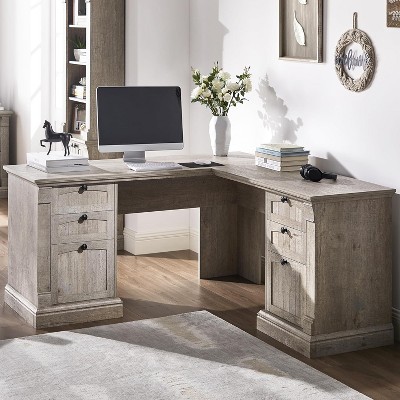 SinCiDo 60" L-Shaped Desk,Farmhouse Computer Desk with Charging Station,Filing Cabinet Storage, Drawer,Study Writing Desk