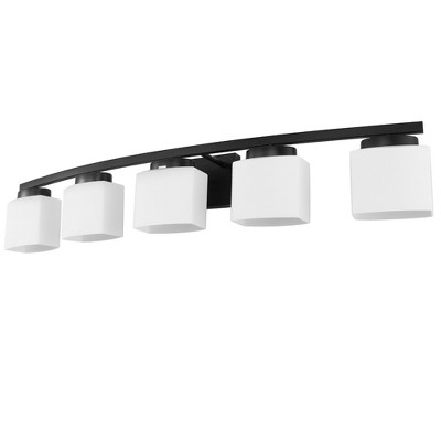 DORESshop 41 in. 5-Light Matte Black Modern Industrial Square Vanity Light for Bathroom with Curved Arms and Milk White Shades