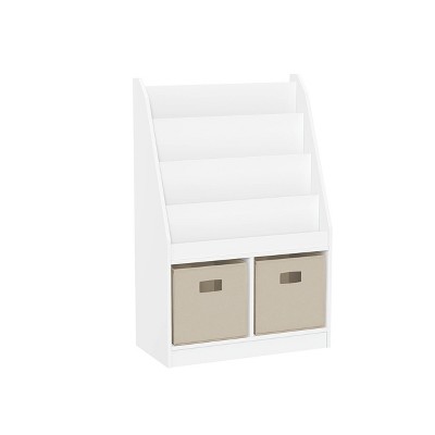 RiverRidge Kids' Bookshelf and Toy Storage Organizer with 4 Bookracks and 2 Cubbies White with 2 Fabric Bins
