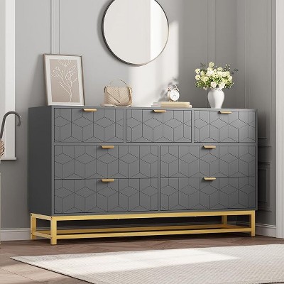 Dresser for Bedroom, 53.5" Wide Dresser Organizer, 7 Drawer with Golden Metal Handle and Legs, Hallway, Living Room, Entryway