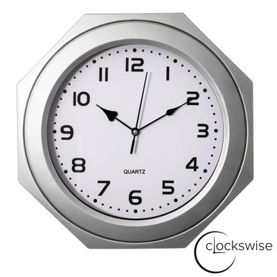 Clockswise Non-Ticking Octagon Plastic Analog Wall Clock - Elegant Decorative Accent for Home Décor in Bedroom, Bathroom