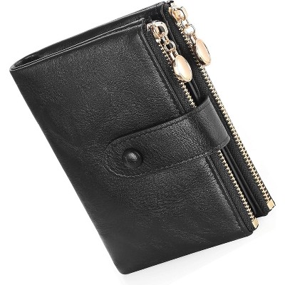 FATMOON Small Wallets for Women,Leather RFID Blocking Bifold Double Zipper Pockets Wallet Card Case Purse with 2 ID Windows