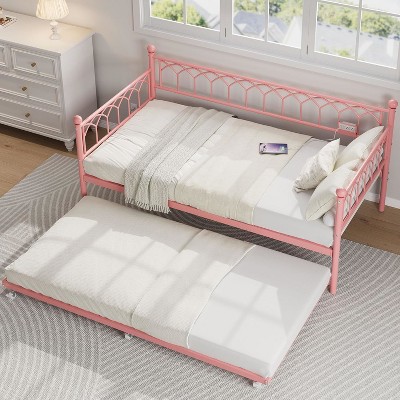 Metal Daybed with Trundle Twin Bed Frame with LED Lights, Charging Ports, Sofa Bed for Bedroom Living Room