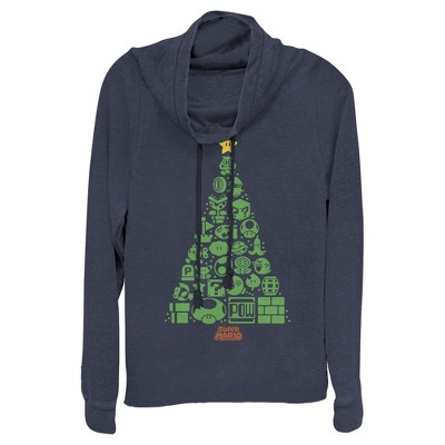 Juniors Womens Nintendo Christmas Tree Mosaic Cowl Neck Sweatshirt