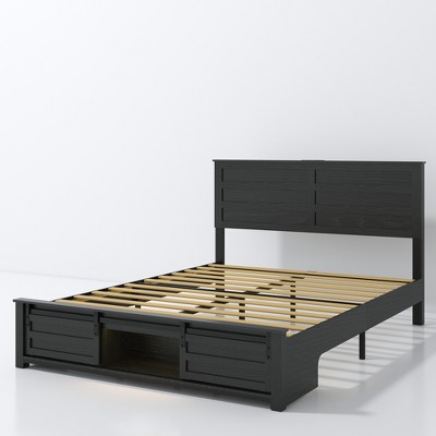 Full Bed Frame with Upholstered Headboard,Storage Headboard with Charging Station and LED,No Noise, No Box Spring Needed,Antique Black