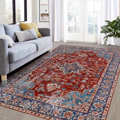 Area Rug, Vintage Distressed Flower Rug, Non Slip Floor Carpet, Soft Low Pile Thin Rug, Accent Rug for Kitchen, Bedroom, Living Room