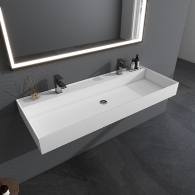 47 x 19 in. Solid Surface Wall Mount or Countertop Bathroom Vessel Sink with Double Faucet Holes in Matte White