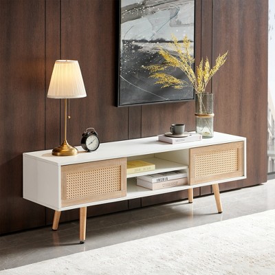 55.12" Rattan TV Cabinet with Double Sliding Doors, Adjustable Shelf, Solid Wood Legs, Spacious Media Console for Living Room and Office