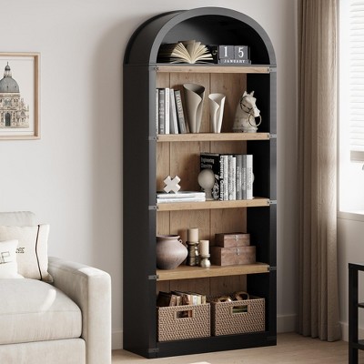 Bookcase 5 Shelf Arched Bookshelf 71.65in Tall Bookcase Farmhouse Display Storage Rack Wooden Bookshelves for Home Office, Living Room