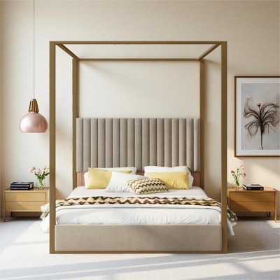 Merax Queen Size Upholstered Canopy Platform Bed with 4-Poster Metal Frame