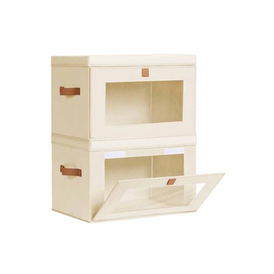 Aoibox Large Collapsible Closet Storage Bins with Handles and Clear Window Stackable Fabric Boxes with Lids Beige 2 Pack