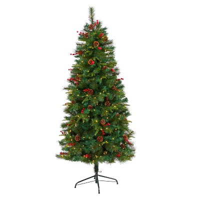 Nearly Natural 6-ft Mixed Pine Artificial Christmas Tree with 250 Clear LED Lights, Pine Cones and Berries