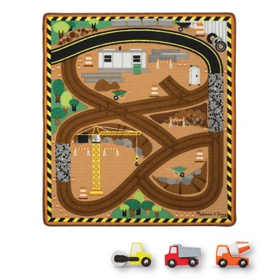 Melissa & Doug Round the Construction Zone Work Site Rug With 3 Wooden Trucks (39 x 36 inches): Abstract Pattern