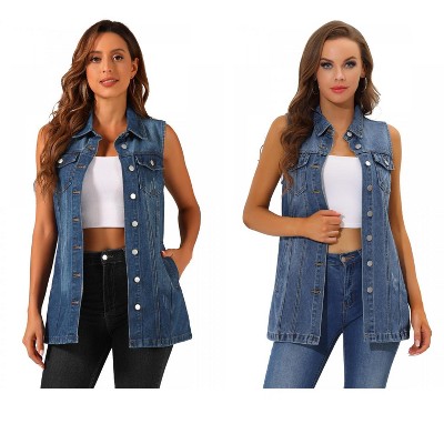INSPIRE CHIC Women's Sleeveless Casual Button-Down Side Pockets Long Jean Vests 2 Packs