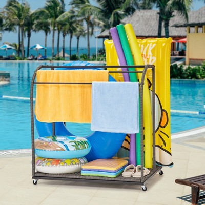 Garvee Towel Rack, 5 Bar Pool Towel Rack with Rattan Base, Outdoor Towel Rack, Storage Organizer with Compartment for Outdoor/Indoor