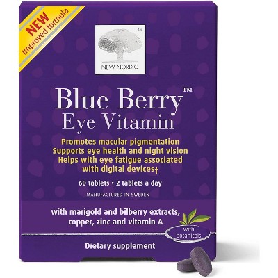 New Nordic Blue Berry Strong - Eye Support -Bilberry & Lutein - Aids Macular Pigmentation Levels - Non-GMO, Gluten & Dairy-Free - 60 Vegan Tablets