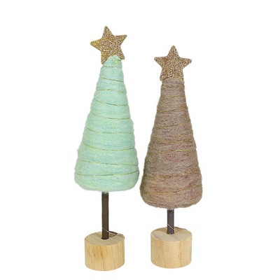 Tag 10.0 Inch Seafoam & Latte Cotton Candy Trees , Handmade Wool Wood Base (2PC)
