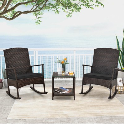 Costway 3 Piece Patio Rocking Set Wicker Rocking Chairs with 2-Tier Coffee Table Turquoise/Off White/Black