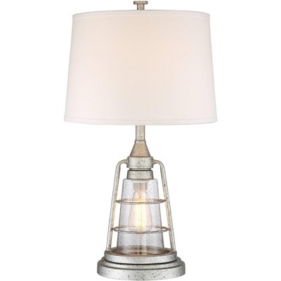 Franklin Iron Works Fisher Coastal Table Lamp 28 3/4" Tall Galvanized Cage with Nightlight LED Table Top Dimmer Drum Shade for Bedroom Living Room