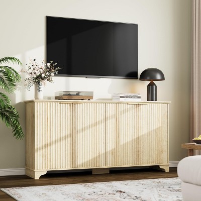 61" Modern Buffet Cabinet with 4 Fluted Doors, Adjustable Shelves, Multi-Functional Coffee Bar, Farmhouse Design, Oak
