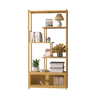 Artloge Large Natural Bamboo Bookshelf 70'' Tall Freestanding Storage Rack with Cabinet for Living Room Bedroom Hallway