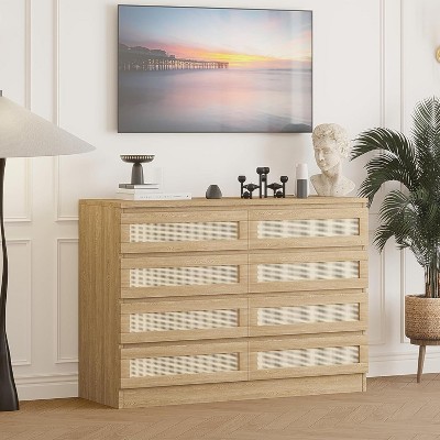 Jojoka Chic 8-Drawer White Rattan Dresser with Smooth Metal Slides – Versatile Modern Wood Chest for Bedroom, Living Room, Entryway & TV Stand