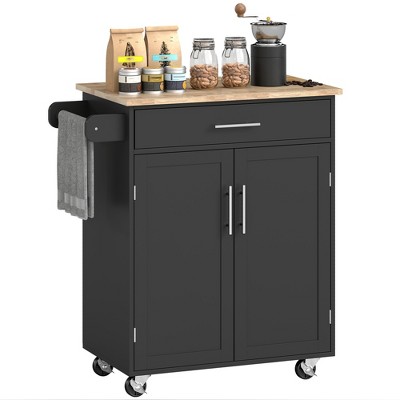 HOMCOM Kitchen Island Cart Rolling Trolley Cart with Drawer, Storage Cabinet & Towel Rack