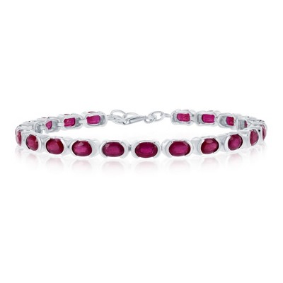 Simona Sterling Silver, 6x4mm Oval, Gem Tennis Bracelet, 14.5cttw Glass Filled Ruby - Red - 7+1 Inch