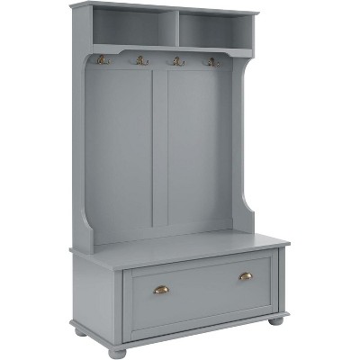 Acekool Gray Metal Hall Tree with Bench, Entryway Coat Rack Hooks & Open Storage Shelves, Compact Organizer for Entry