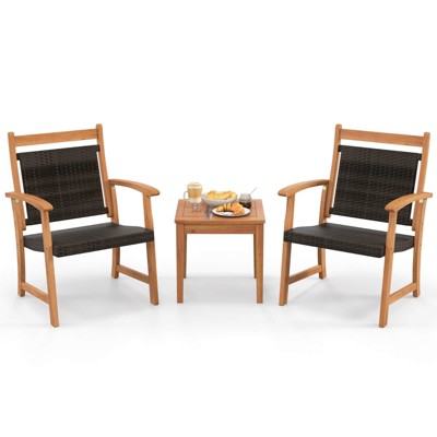 Costway 3PCS Patio Rattan Bistro Set Acacia Wood Frame Armrest Chairs Garden
