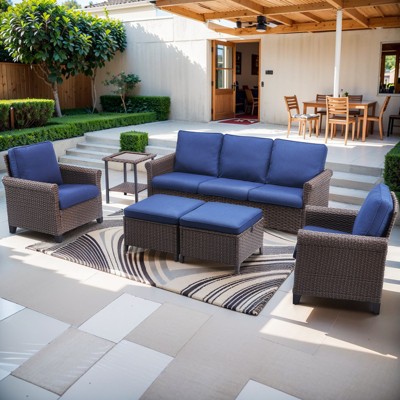 Buenhomino 5-Piece Outdoor Set – Sofa, 2 Single Chairs, 2 Ottomans & Table, Handwoven Wicker, Weather-Resistant Cushions for Patio
