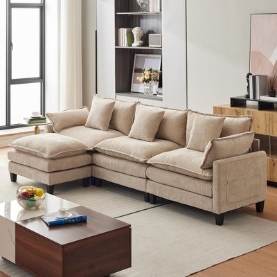 GustoWave Modular Sectional Sofa, 112'' L Shaped Couch Set, Chenille 3-Seater Cloud Couches with Movable Ottoman, DIY Combination