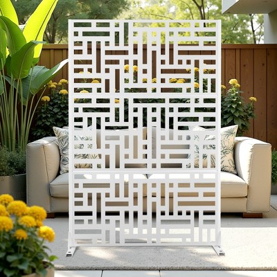 TOAOTBNBO Metal Privacy Screen with Stand, Decorative Privacy Fence Panels with Geometric Pattern, Outdoor Privacy Screen for Garden, White