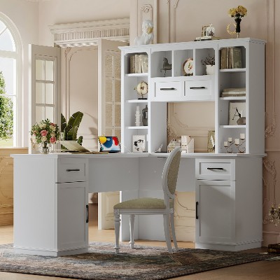 Lyngins L-Shaped Computer Desk with Storage – 2 Cabinets, 2 Drawers, 11 Open Spaces + Flip Storage, Built-In Power Outlet, Office Desk/Gaming Desk