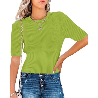 Clearlove Womens Short Sleeve Sweaters Summer Tops Crew Neck Lightweight Knit Sweaters