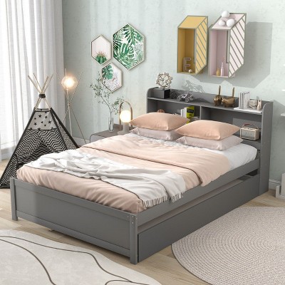 CAVINAS Full Size Platform Bed with Trundle,Modern Bed Frame with Bookcase for Bedroom,No Box Spring Needed