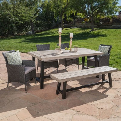Linden 6pc Acacia Wood & Wicker Patio Dining Set - Gray - Christopher Knight Home: Includes Bench, Weather-Resistant