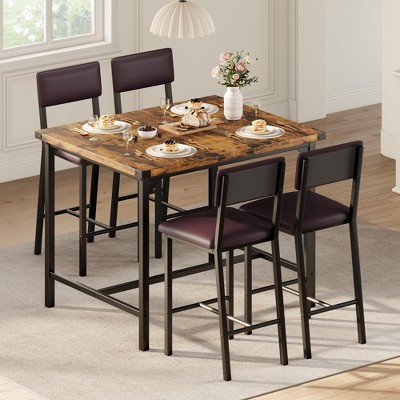 Dining Table Set for 4 W/Footrest & Backrest, Counter Height Table with 4 Upholstered Bar Stools