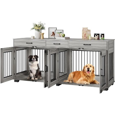 71" Double Dog Crate Furniture with 3 Storage Drawers | Wooden TV Stand & Pet Kennel with Removable Divider