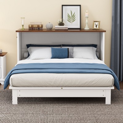 NicBex Full Size Murphy Bed 82.3" Wooden Bed Frame Morden Hideaway Wall Bed with Storage Shelf and 2 Drawers for Guest Room, White