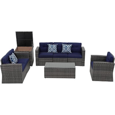 SUGOLD 8-Piece Patio Furniture Sets, All Weather Outdoor Sectional Patio Sofa, U-Shaped Rattan Patio Seating Sofas with Cushion, Glass Table, and
