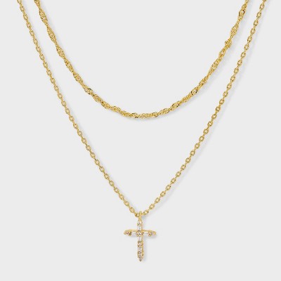 14K Gold Plated Cubic Zirconia Cross Pendant Necklace - A New Day™ Gold