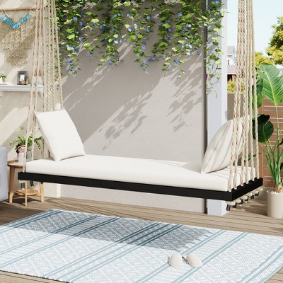 GDFStudio Jonathan Malory 63" Acacia Wood Porch Swing with 10.8Ft Hemp Ropes and Cushion