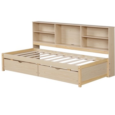TiramisuBest Twin Size Bed Frame with Side Bookshelves, Two Drawers, and Built-in USB Port, Natural Color