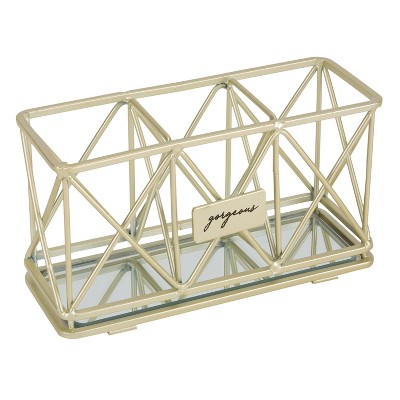 3 Compartment Cosmetic Brush and Pencil Organizer Gold - Home Details: Steel Bathroom Storage Tray, Spot Clean