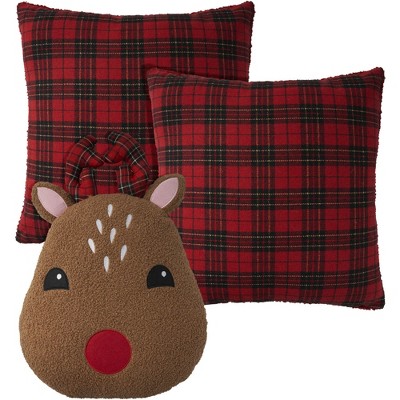 Mina Victory Holiday Plaid Faux Shearling Reindeer 3 Piece Set Indoor Throw Pillows