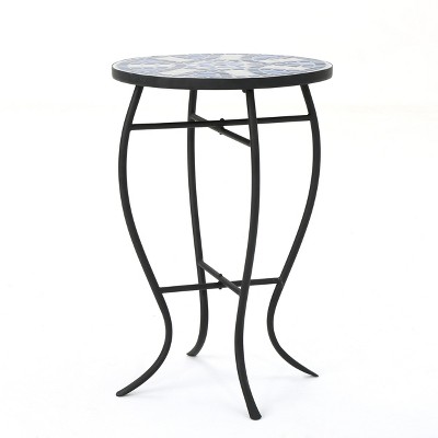 FONTOI End Table with Round Tabletop, Side Table with Mosaic-style Pattern for Home Bedroom Living Room Patio, White&Blue, 13.75"*21.4"*13.75"