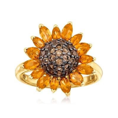 Ross-Simons 1.70 ct. t.w. Citrine and .80 ct. t.w. Smoky Quartz Sunflower Ring in 18kt Gold Over Sterling